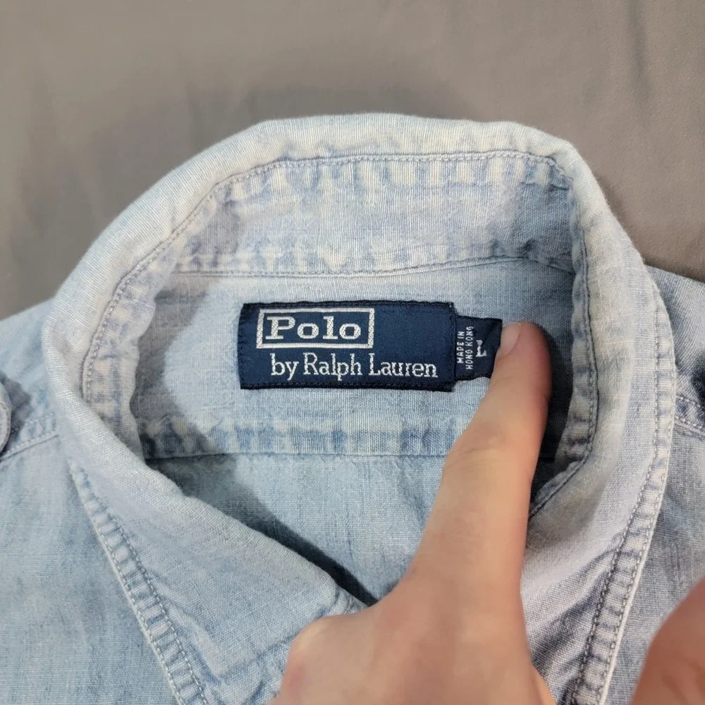Polo Ralph Lauren Denim Shirt Men's Large Blue Short Sleeve Epauletes Lightwash